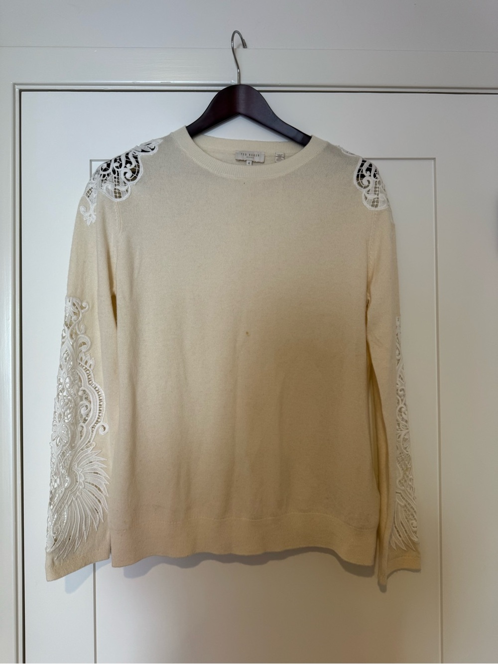 Ted Baker Cream Crew Neck Sweater with White Lace Shoulder & Sleeve Appliqué